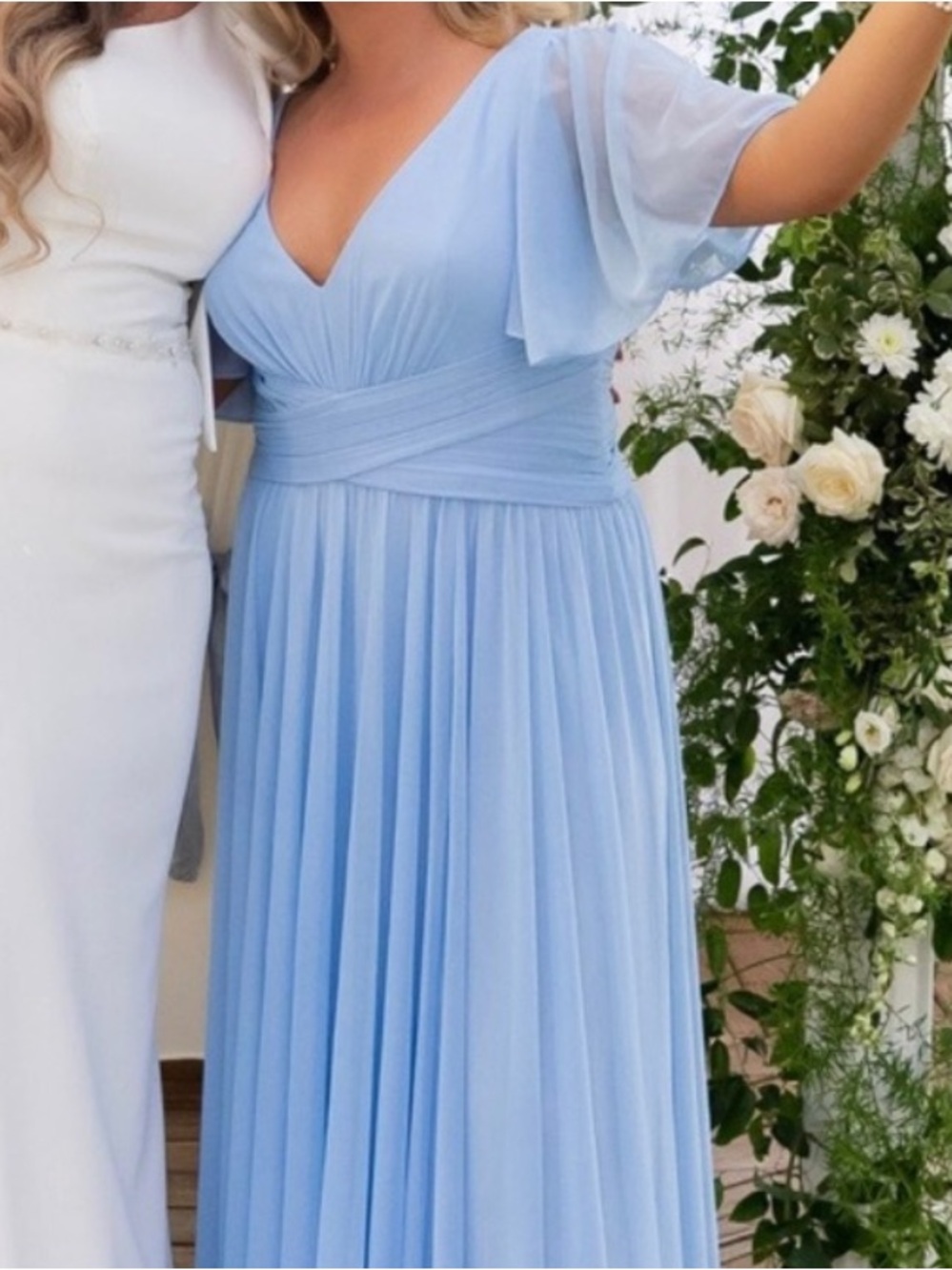 David’s Bridal flutter sleeve crisscross mesh gown dress